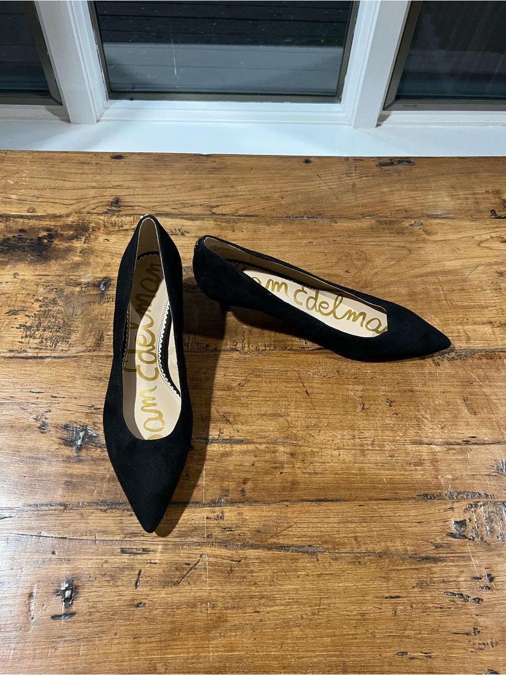 Sam Edelman Black Suede Pointed Toe Mid Block Heel Pumps